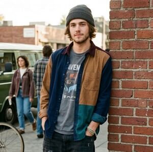 NWOT American Eagle L 90s Grunge Hipster Colorblock Corduroy Button Down Shirt